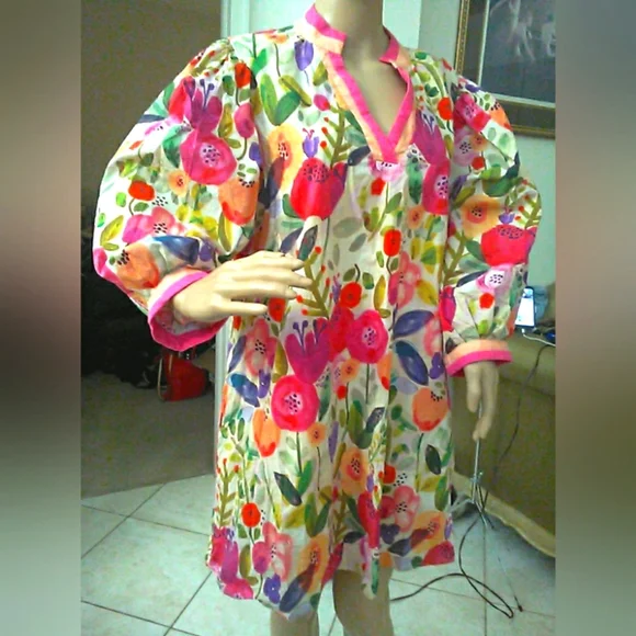 BOUTIQUE MEGA FLORAL Dress (COTTON) BRIGHT PUFF SLV. LINED BOXY SZ. LG GORGEOUS - Picture 5 of 9